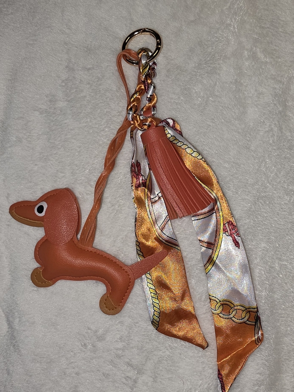Orange Dachshund Bag Charm Keychain with Scarf and Tassel - Picture 3 of 4